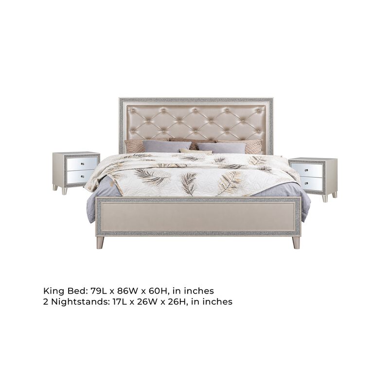 3pc King Bedroom Set, Upholstered Design, Silver, 2 Nightstands image number 7