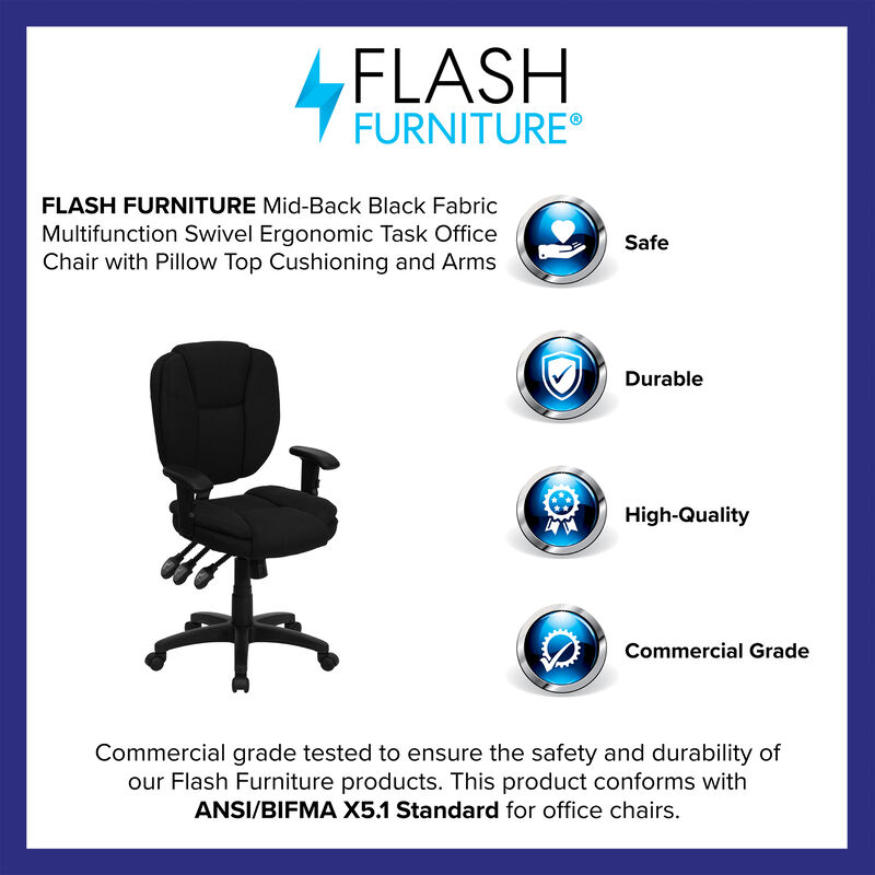 Caroline Mid-Back Fabric Multifunction Swivel Ergonomic Task Office Chair with Pillow Top Cushioning and Arms image number 4