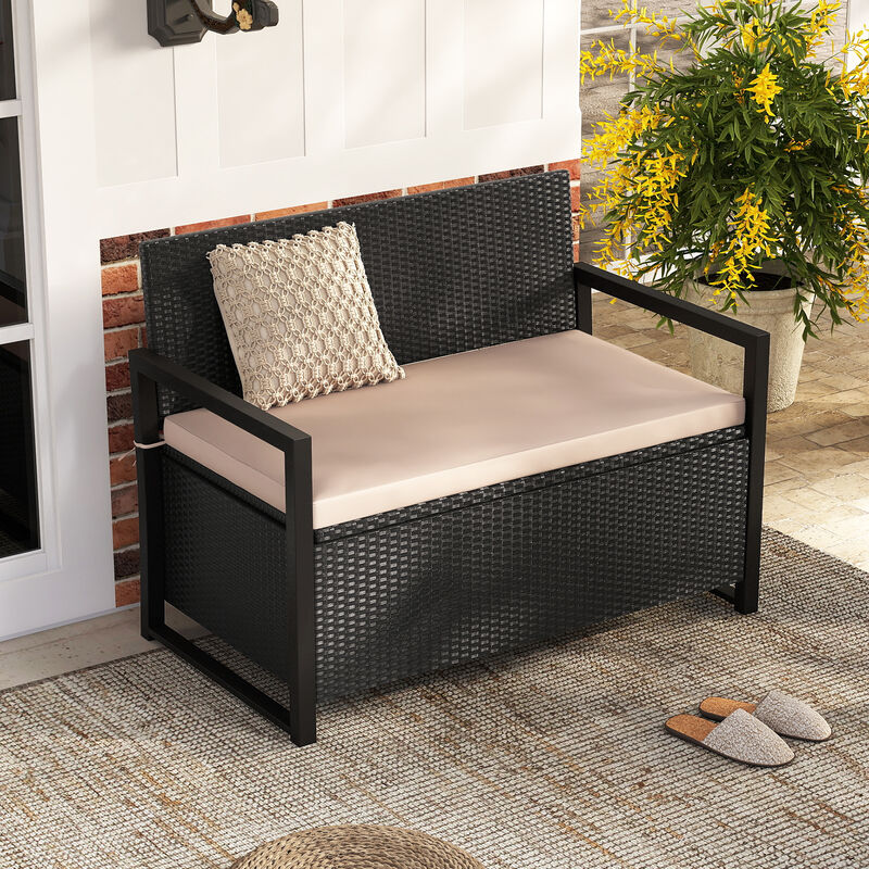 Patio Wicker Storage Bench with Loveseat Seating and Built-In Compartment image number 3