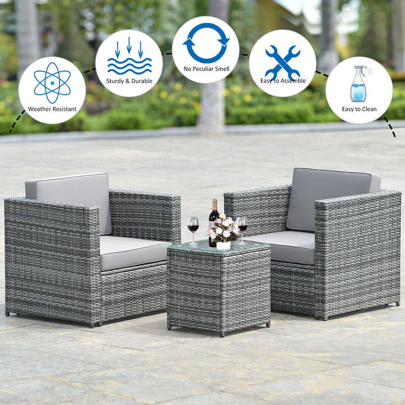 3-Piece Patio Garden Rattan Furniture Set with Cushioned Sofa and Coffee Table