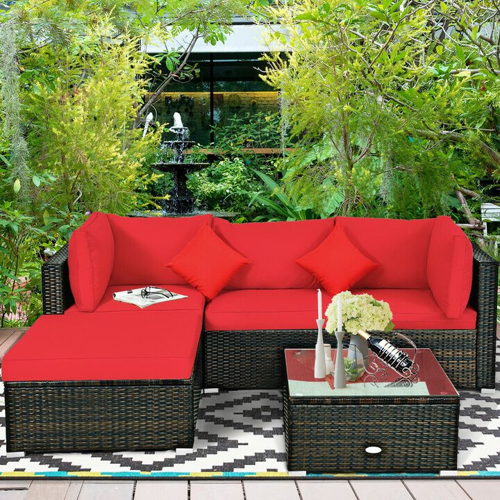 5 Pcs Outdoor Patio Rattan Furniture Set Sectional Conversation with Navy Cushions