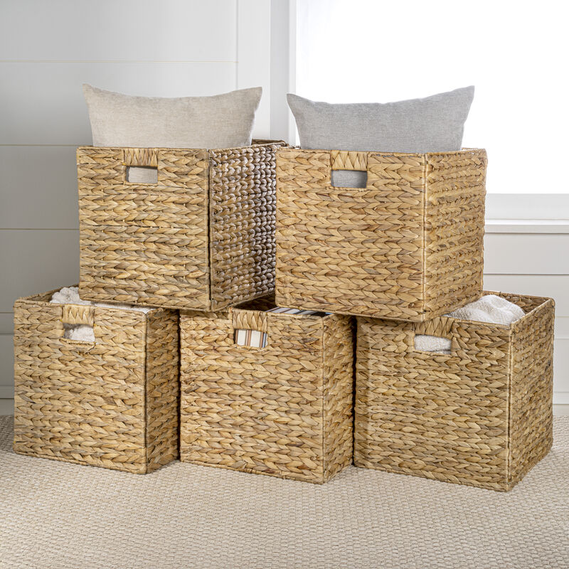 Bryce Classic Farmhouse Handwoven Hyacinth Collapsible Storage Cube Baskets with Handles