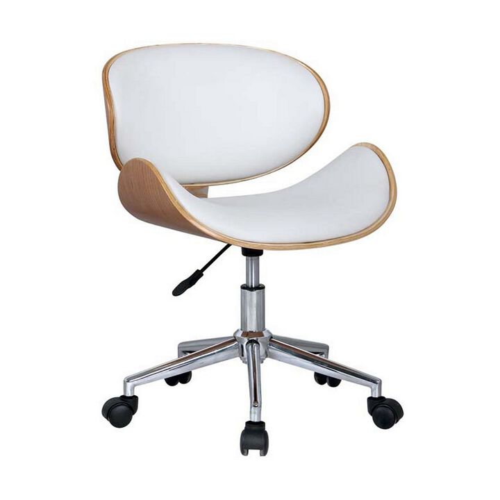 23 Inch Swivel Office Chair, Curved Wood Seat and Back, White Faux Leather - Benzara