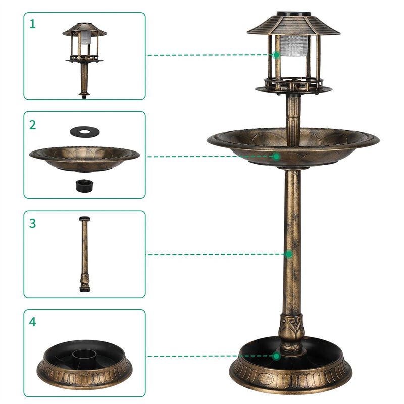Outdoor Birdbath with Solar Light &ndash; Weathered Patina Garden Decoration