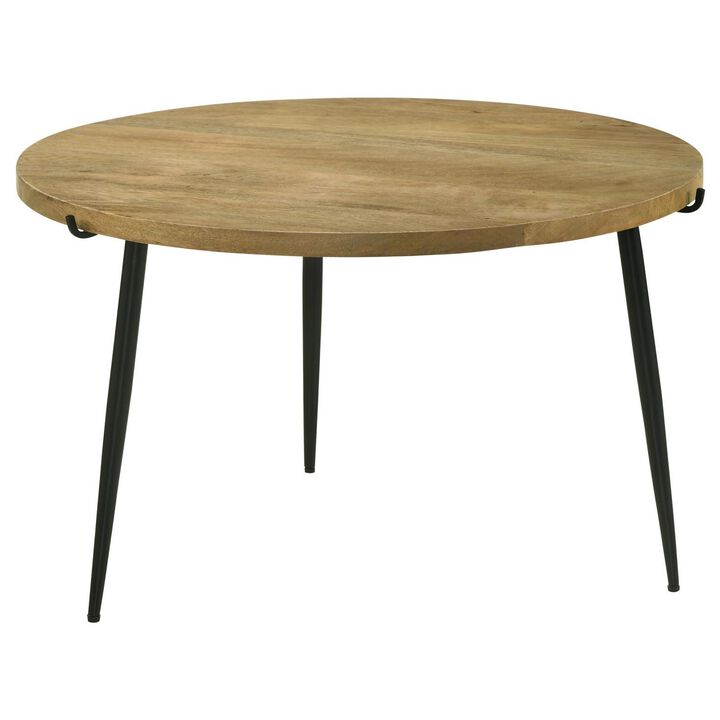 Benjara Pia 30 Inch Coffee Table, Mango Wood Top, Round, Iron Tripod Legs, Brown, Black