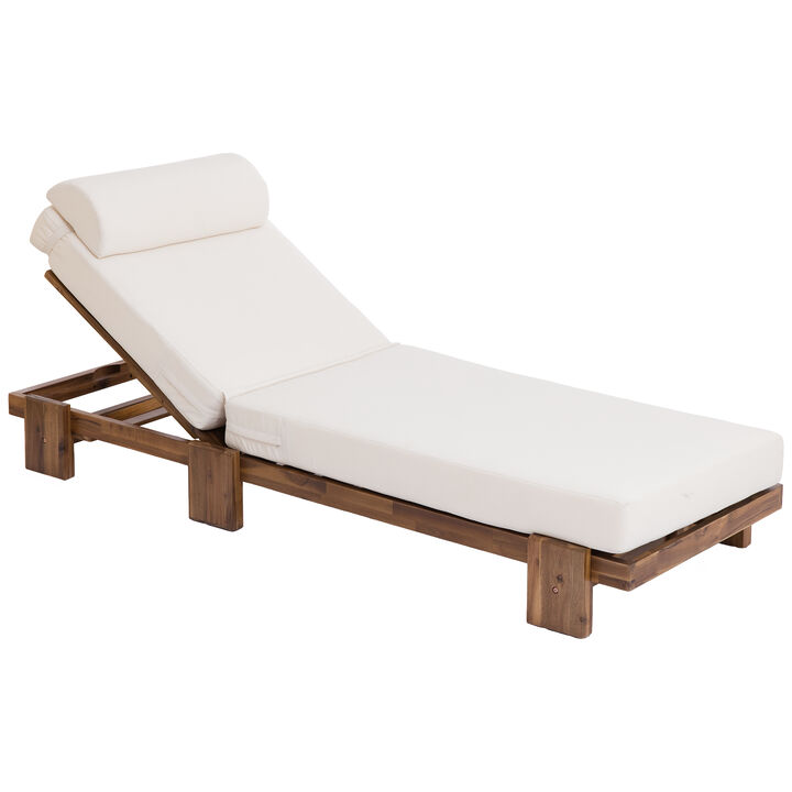 Merax Acacia Wood Outdoor Chaise Lounge with Retractable Side Tray