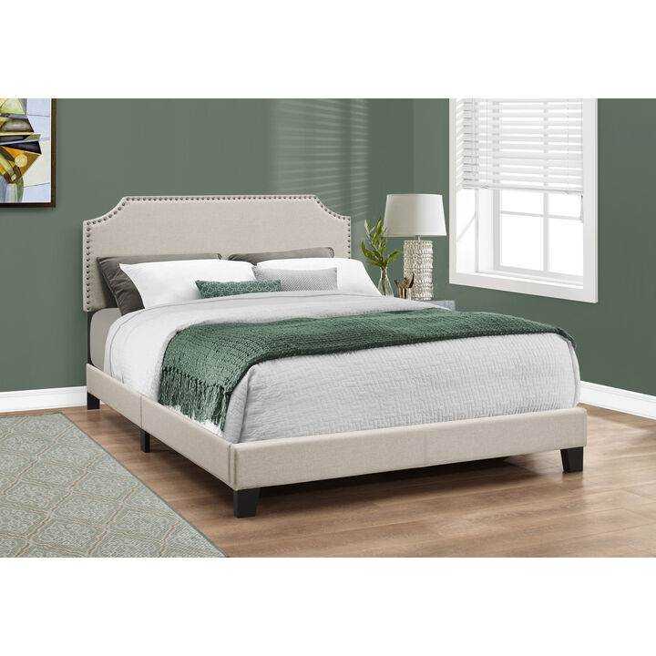 Monarch Specialties I 5926Q Bed, Queen Size, Platform, Bedroom, Frame, Upholstered, Linen Look, Beige, Black, Transitional
