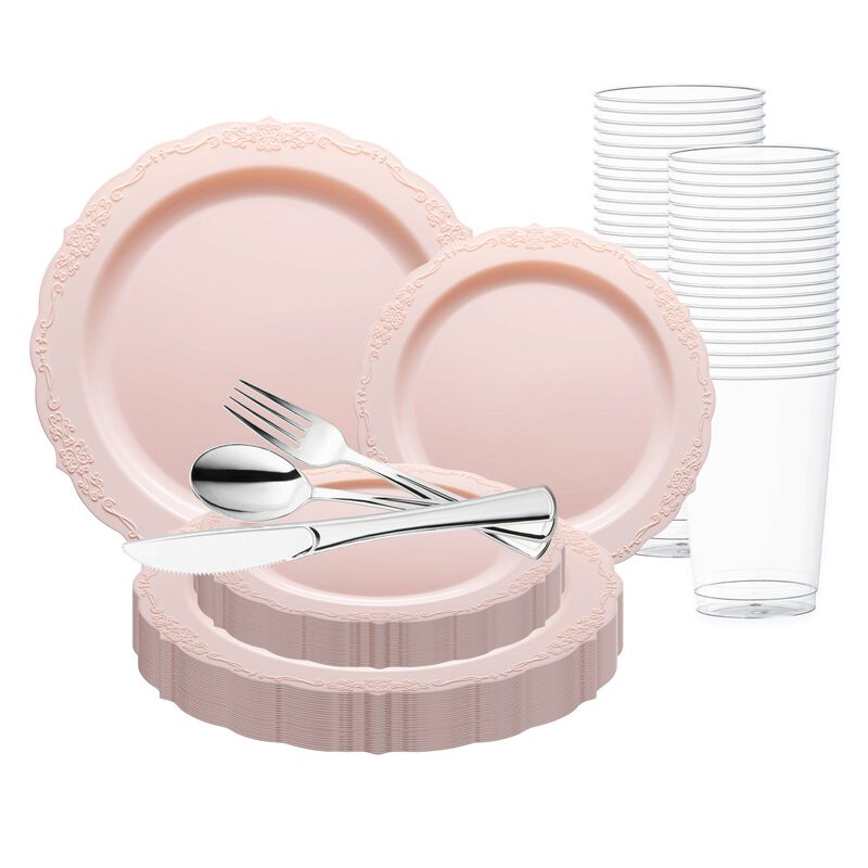 Pink Vintage Round Plastic Wedding Value Set (30 Sets) image number 0