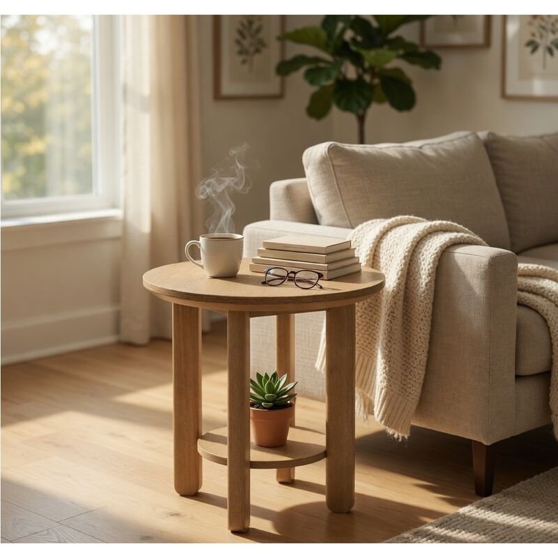 Clera Round Side End Table with Open Shelf, Light Oak Wood 22Inch image number 1