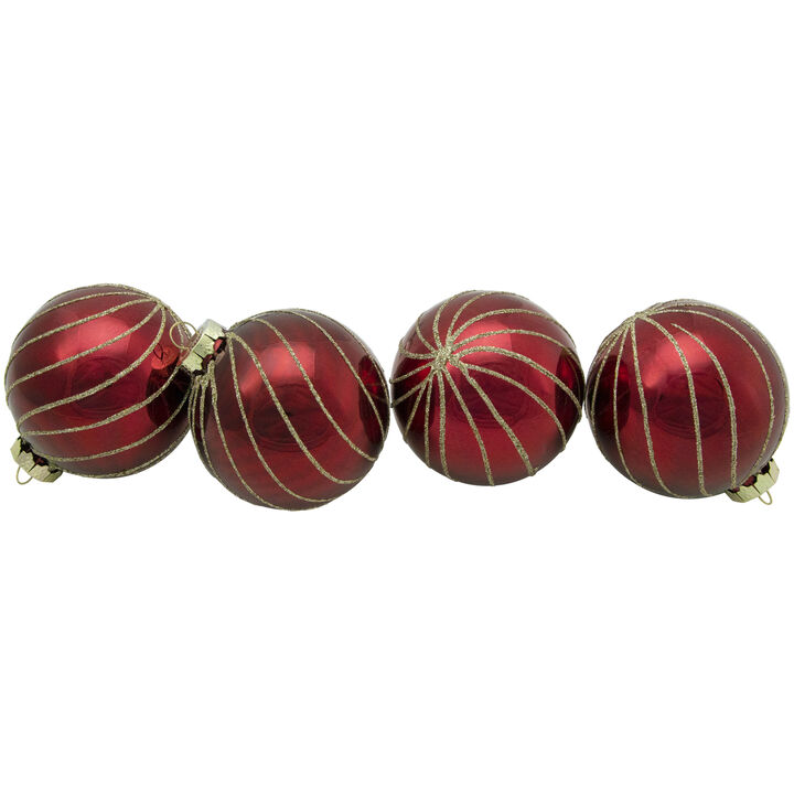 4ct Burgundy Red and Gold Glitter Striped Glass Christmas Ball Ornaments 3" (76mm)