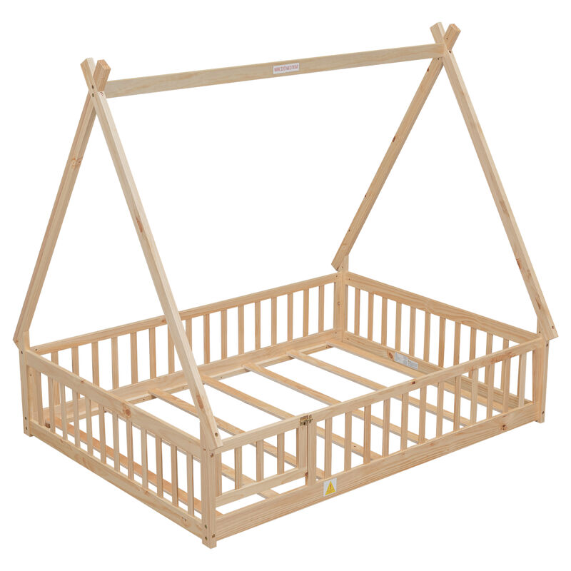 Tent-shaped Floor Bed, with Guardrails, Slats, Door
