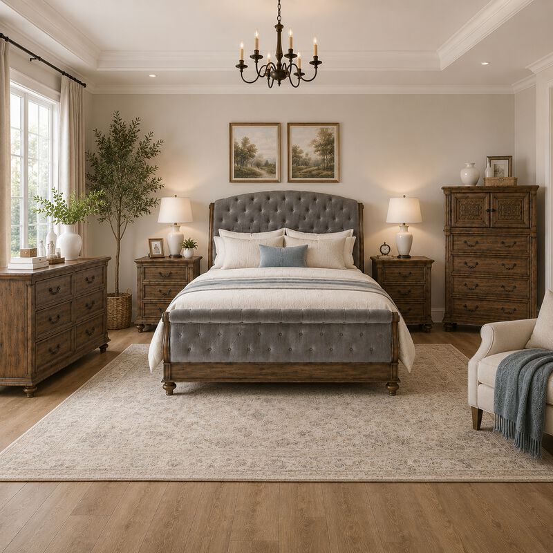 Queen Bedroom Set, Gray, Brown Wood, 5 Piece Set with 2 Nightstands, Dresser, and Chest image number 1
