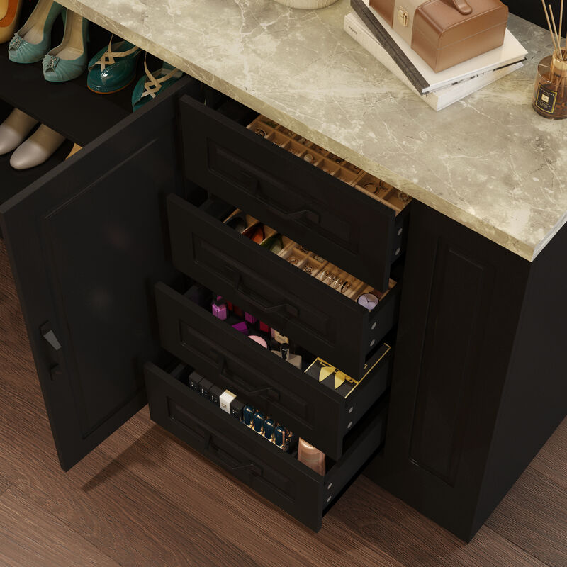 FUFU&GAGA Modern Shoe Cabinet with Storage, Marble-Texture Top, Built-in Power Outlets, MDF Cabinet with Drawers & Shelves, (94.5" W x 39.4" H x 31.3" D), Black
