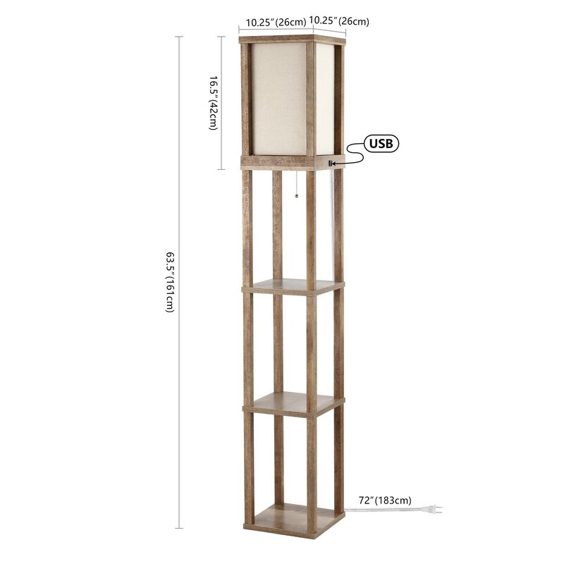 Etagere 63.5" Rustic Bohemian Wooden LED 3-Shelf Floor Lamp with Pull-Chain, USB Charging Port and Smart Bulb, Brown