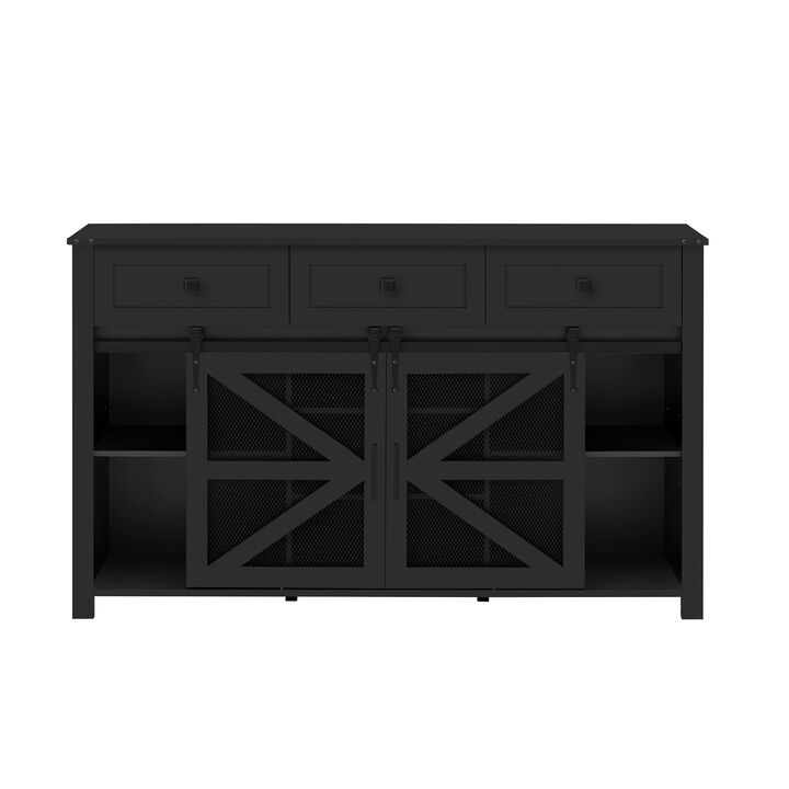 Industrial 3-Drawer Sideboard, Sliding Barn Doors with Metal Mesh Inserts, Adjustable Shelves &ndash; Dining/Living Storage