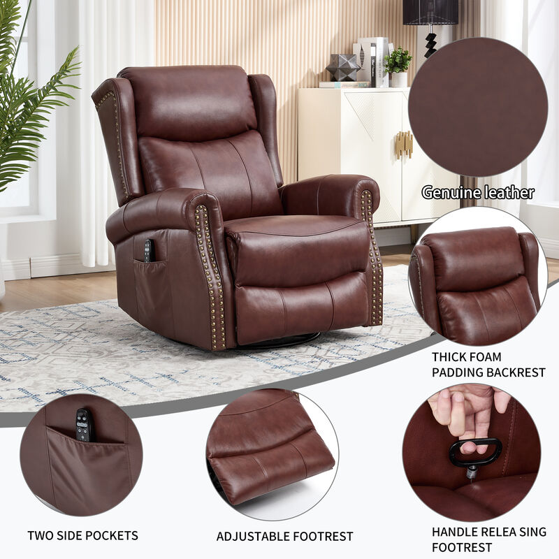 Genuine leather Heat Massage Manual Recliner Chair with Rocker and Swivel for Living Room image number 9