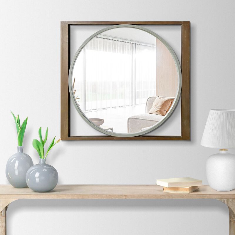 Round Wall Mirror with Rectangular Wooden Frame, Brown-Benzara