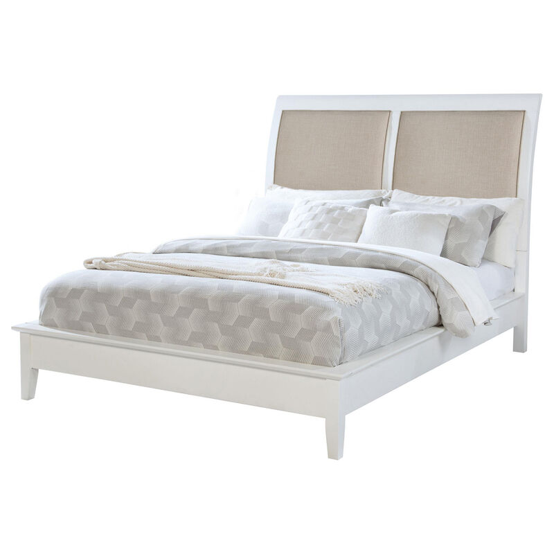 Heo King Size Bed, Sleigh Beige Upholstered Headboard, White Wood - Benzara