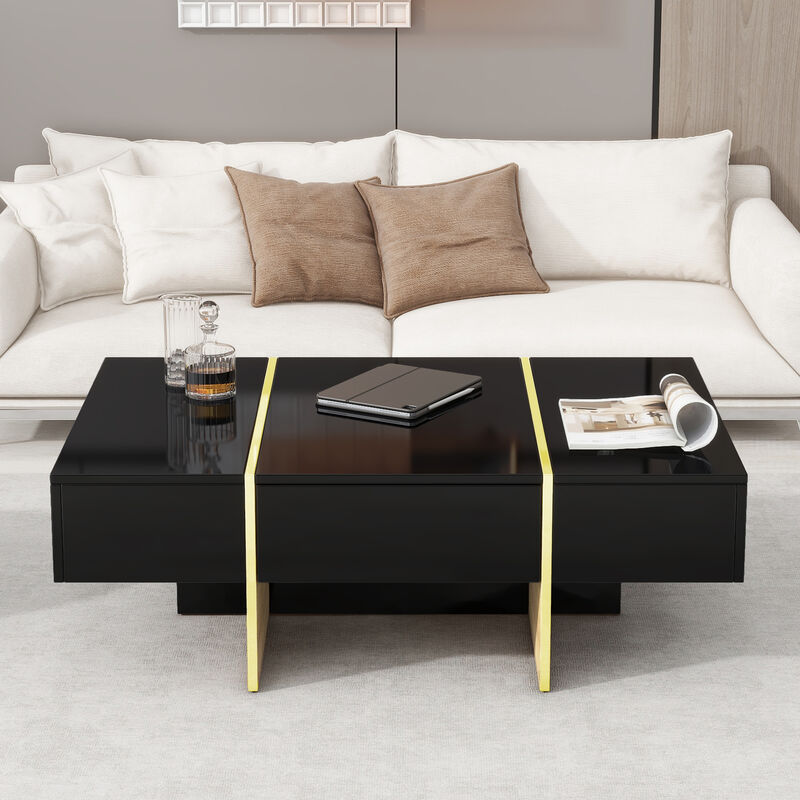 Clihome 47.2'' x 31.4''Minimalist High Gloss Coffee Table with 2 Drawers, Multi-Storage Rectangle Sofa Table with Golden Wood Grain Legs, Modern Center Table for Living Room