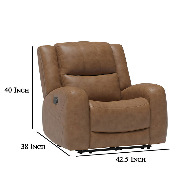 Leos Manual Recliner Chair, Contour Armrest, Wood Frame, Brown Leather - Benzara