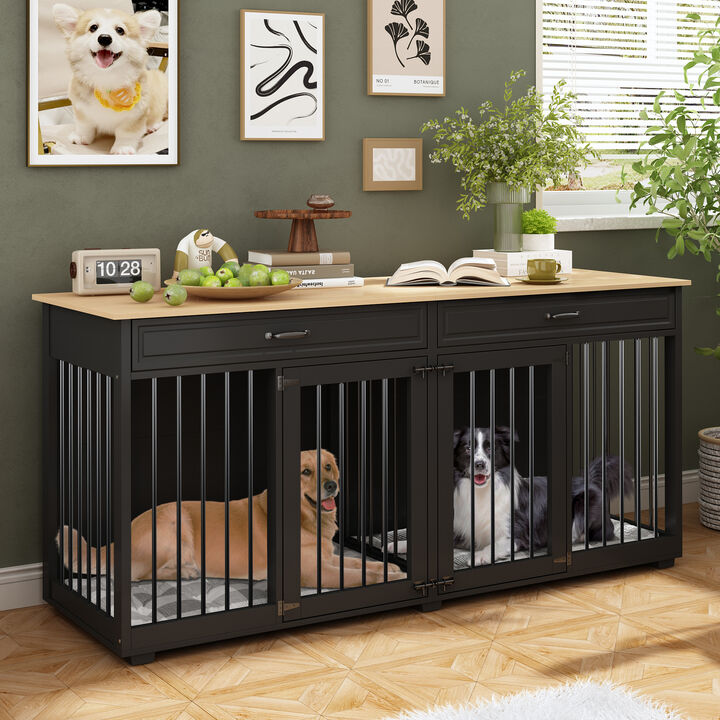 Black Large Dog Crate, Wooden Dog Kennels with Drawers and Divider, Modern Heavy Duty Indoor Dog House Cage for 2 Dogs