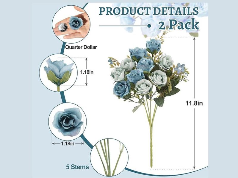 2 Pack Blue Artificial Rose Flower Heads Wedding Centerpiece Decor image number 2