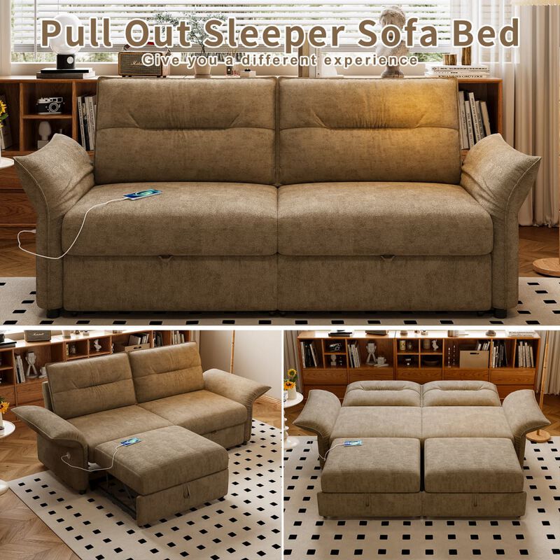 Convertible sleeper sofa bed, Plush fabric pull out futon with USB charging ports, 85 inch sofa bed for small spaces image number 4