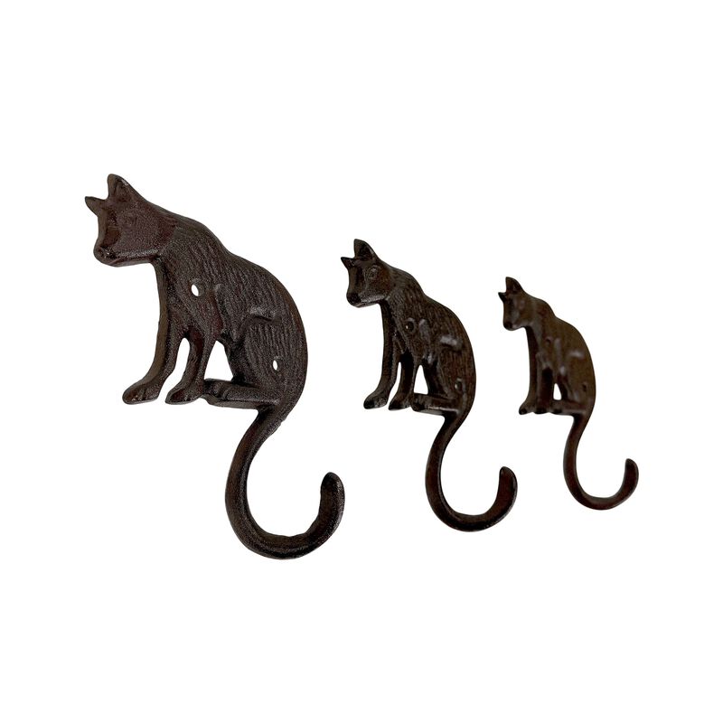 Set Of 3 Cast Iron Cat Wall Hooks Aged Brown Rustic 65 In Decorative image number 1
