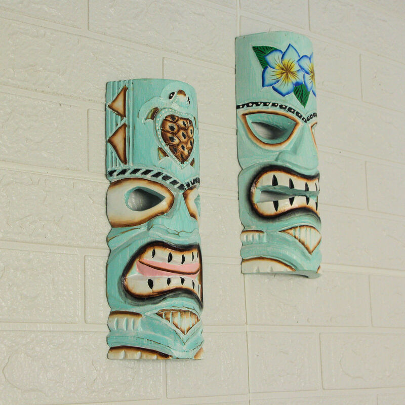 Aqua Blue Tiki Wall Masks &ndash; Flower & Sea Turtle Design, 12"x5"x2" Tropical Decor image number 5