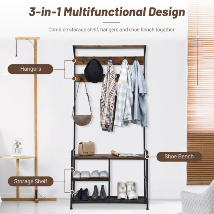3-In-1 Coat Rack Stand with 9 Hooks Shoe Bench