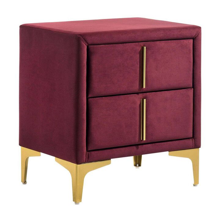 Bios 24 Inch Nightstand, 2 Drawers, Red Vegan Faux Leather, Gold Accents-Benzara