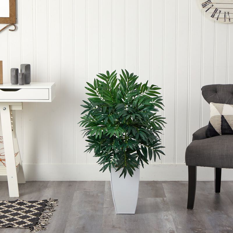 Hivvago 3" Bamboo Palm Artificial Plant in White Metal Planter