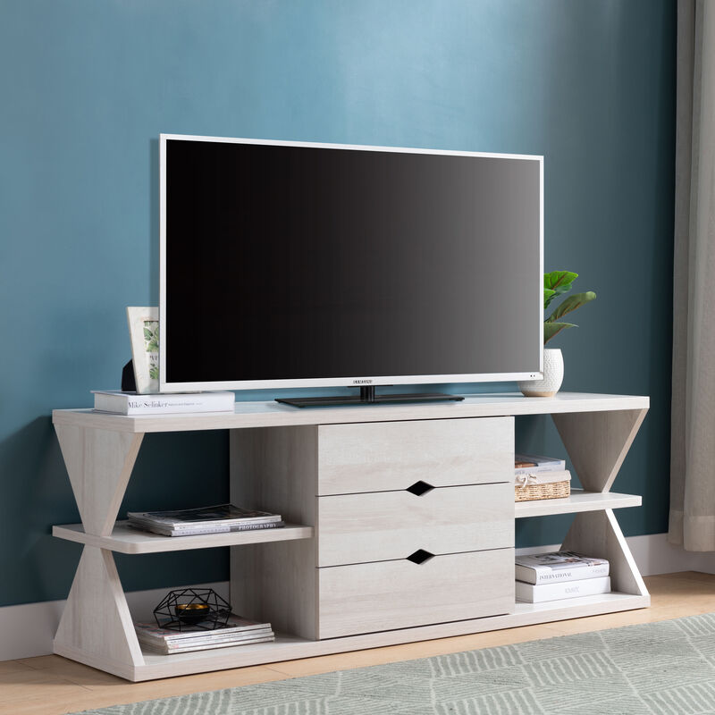 White Oak Whimsical Leg Design TV Stand with 4 shelves and 3 Drawers