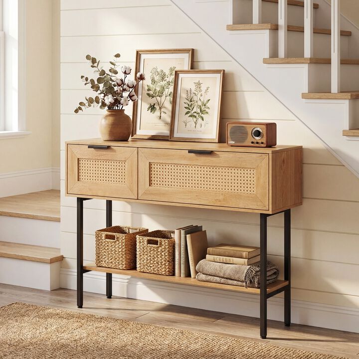 Rattan Entryway Console Table with Storage Cabinets Shelf and Metal Frame