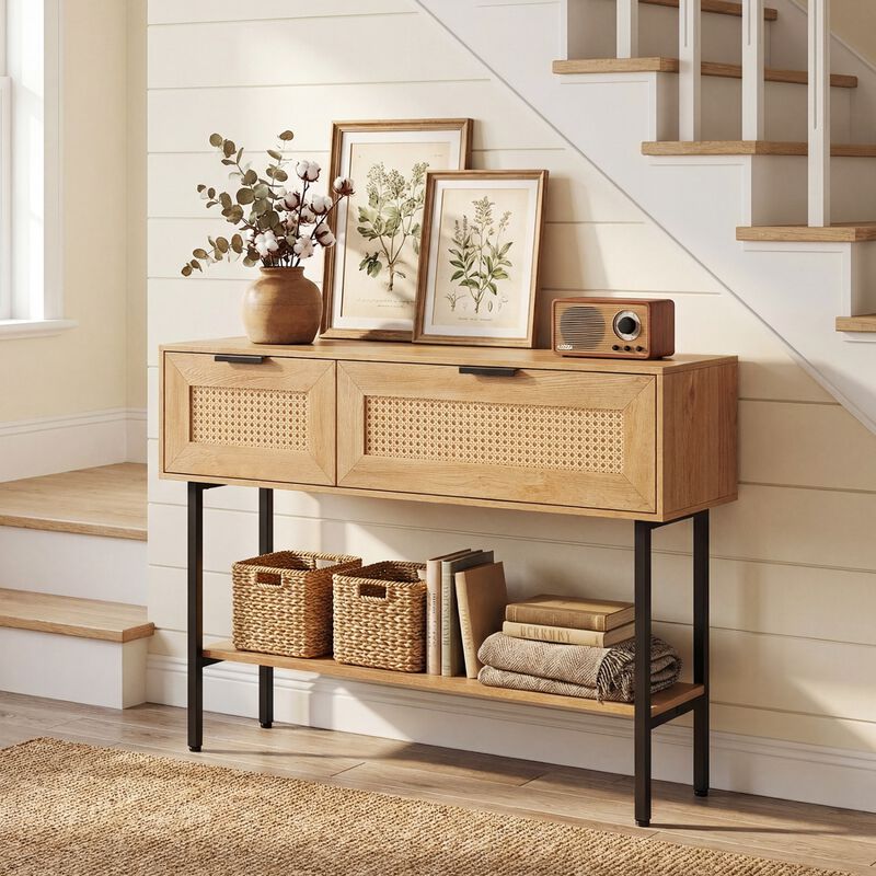 Rattan Entryway Console Table with Storage Cabinets Shelf and Metal Frame image number 1