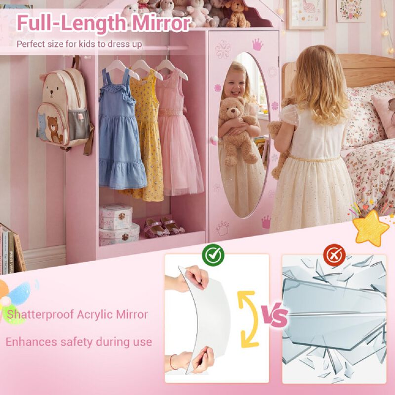 Kids Wardrobe Closet with Mirror, Dress Up Storage with Open Hanging Rack image number 7