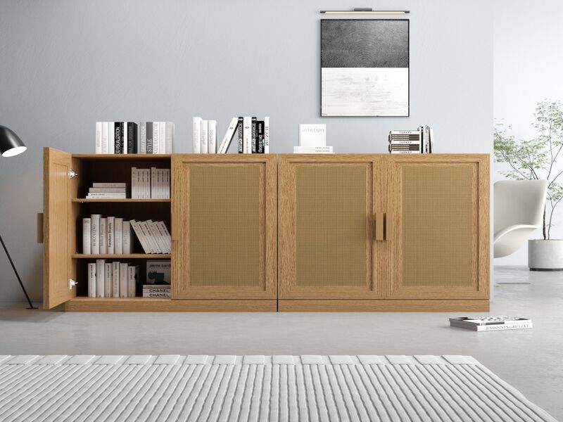 2-Piece Modern Minimalist Wicker Door Wood Grain Edge Cabinet, Multifunctional Storage with 3 Layers of Shelves