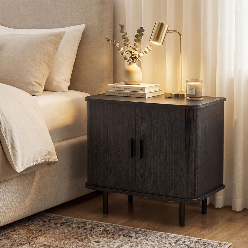 Modern Bedside Nightstand with Sliding Doors and Open Shelf for Bedroom image number 1