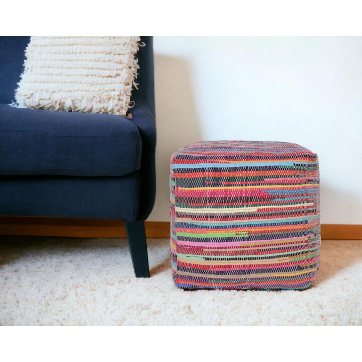 Hivvago 18 Inch Red And Black Cotton Cube Striped Pouf Ottoman