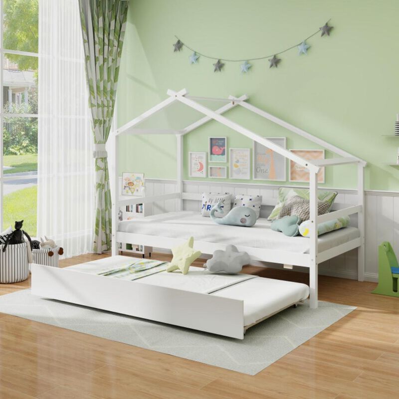 Hivvago Kids Twin Size House Bed with Trundle and Roof