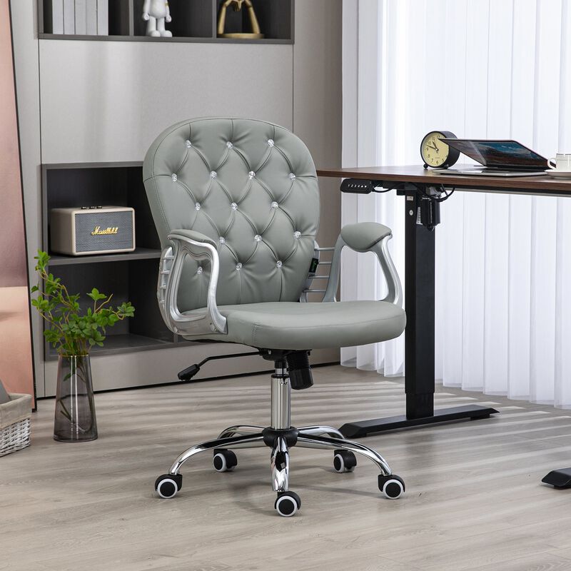 Gray PU Leather Desk Chair: Tufted, Padded Arms, Adjustable image number 1