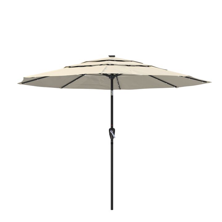 10 FT Patio Umbrella with Solar Lights 3-Tier Outdoor Table Umbrella Market Umbrella Pool Umbrella Outdoor Umbrellas for Patio, Red