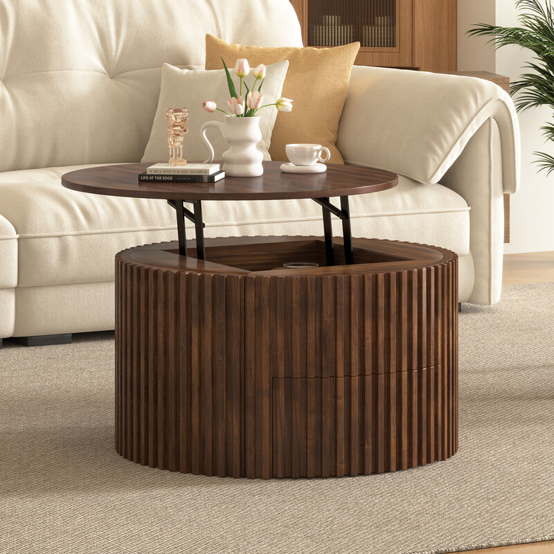 Merax Height-Adjustable Round Coffee Table with Smooth Lift Mechanism, Concealed Storage image number 2
