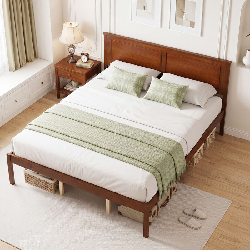 Farmhouse Wood Bed Frame with Headboard and Platform Design for Bedroom-Walnut image number 6