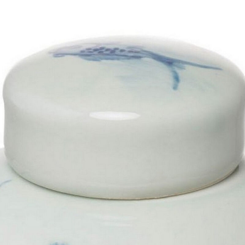 8 Inch Lidded Ginger Jar, Painted Koi Fish, White Blue Porcelain, Set of 2 - Benzara