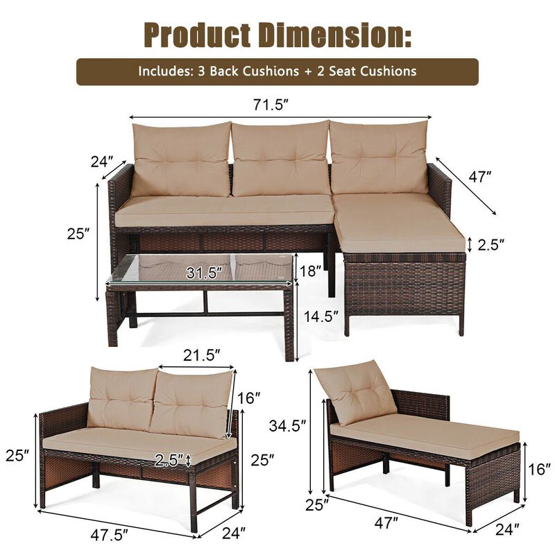 Mondawe 3 Pieces Outdoor Patio Corner Rattan Sofa Set