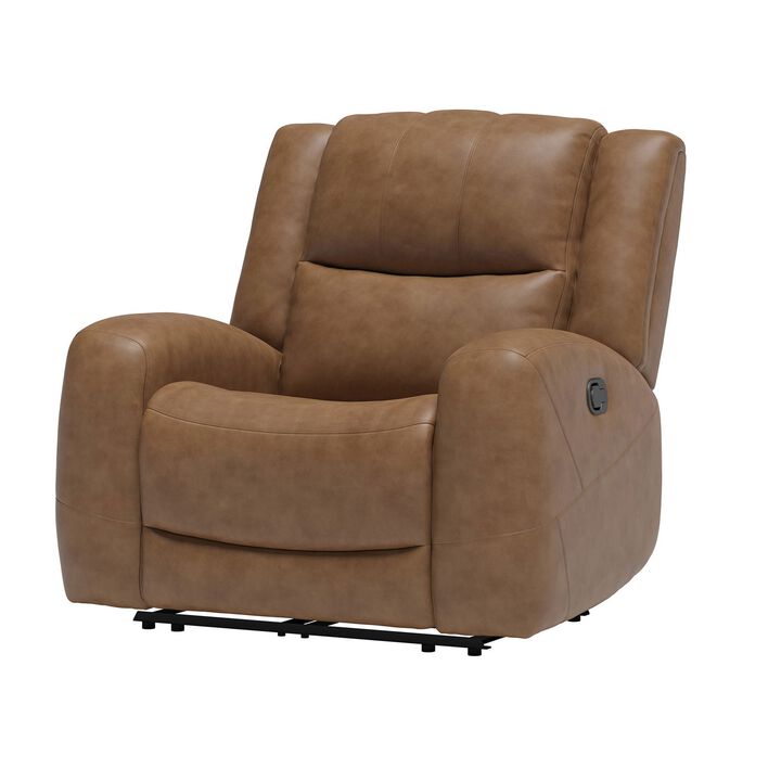 Leos Manual Recliner Chair, Contour Armrest, Wood Frame, Brown Leather - Benzara