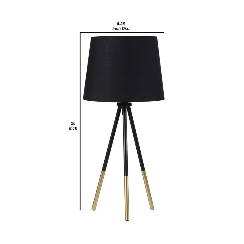 Table Lamp with Tripod Metal Base, Black and Gold - Benzara