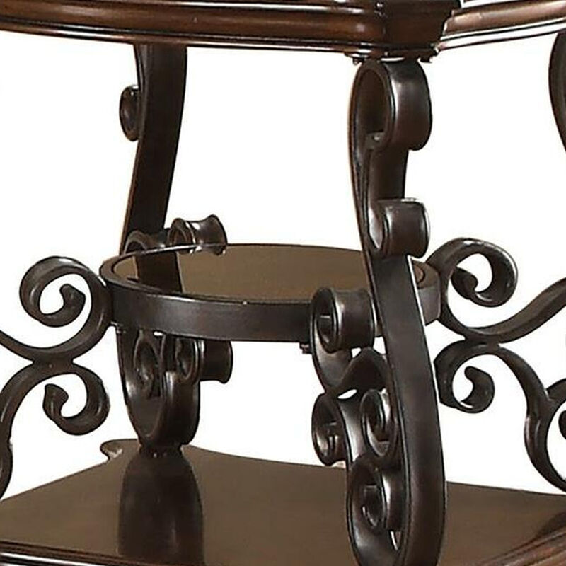 Traditional Solid End Table With Glass Inset, Metal Scrolls & 2 Shelves, Brown-Benzara