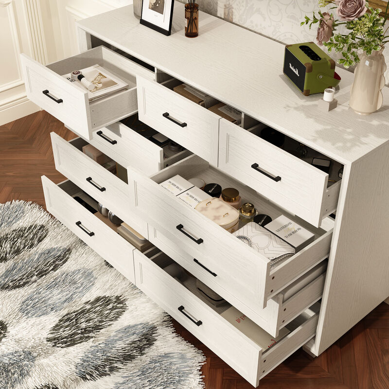 FUFU&GAGA White Wood Grain Storage Cabinet with Beveled Edge & Thickened Design, 9-Drawer Organizer, for Living Room , 60 in. W x 20.1 in. D x 39.8 in. H